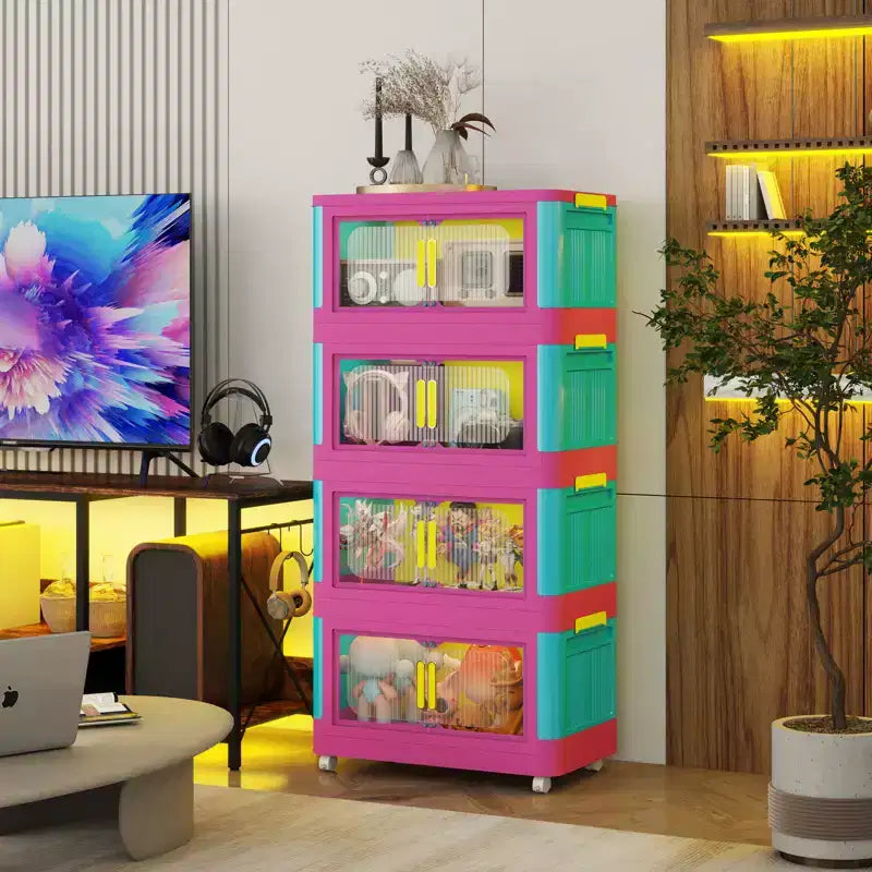 JVNOXK Armoire de rangement pliante 4 étagères 50,8 cm 4 compartiments, bacs de rangement avec portes magnétiques Armoire de rangement en plastique avec roues Bleu et rose