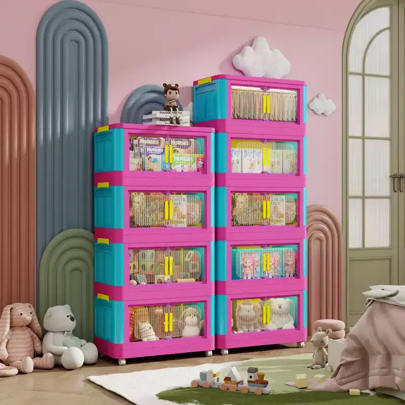 JVNOXK Armoire de rangement pliante 4 étagères 50,8 cm 4 compartiments, bacs de rangement avec portes magnétiques Armoire de rangement en plastique avec roues Bleu et rose