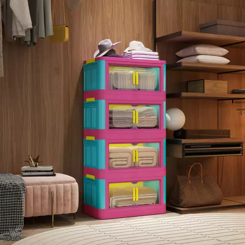 JVNOXK Armoire de rangement pliante 4 étagères 50,8 cm 4 compartiments, bacs de rangement avec portes magnétiques Armoire de rangement en plastique avec roues Bleu et rose
