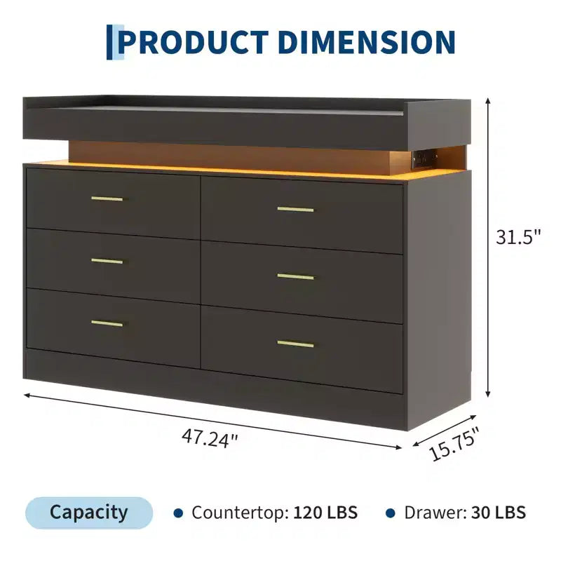 Commode moderne à 6 tiroirs, meuble TV et meuble de rangement avec plateau flottant, buffet neutre pour salon, chambre ou salle à manger