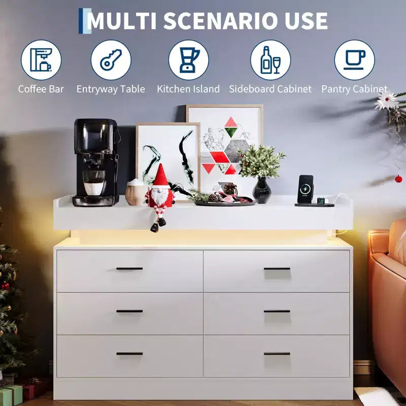 Commode moderne à 6 tiroirs, meuble TV et meuble de rangement avec plateau flottant, buffet neutre pour salon, chambre ou salle à manger