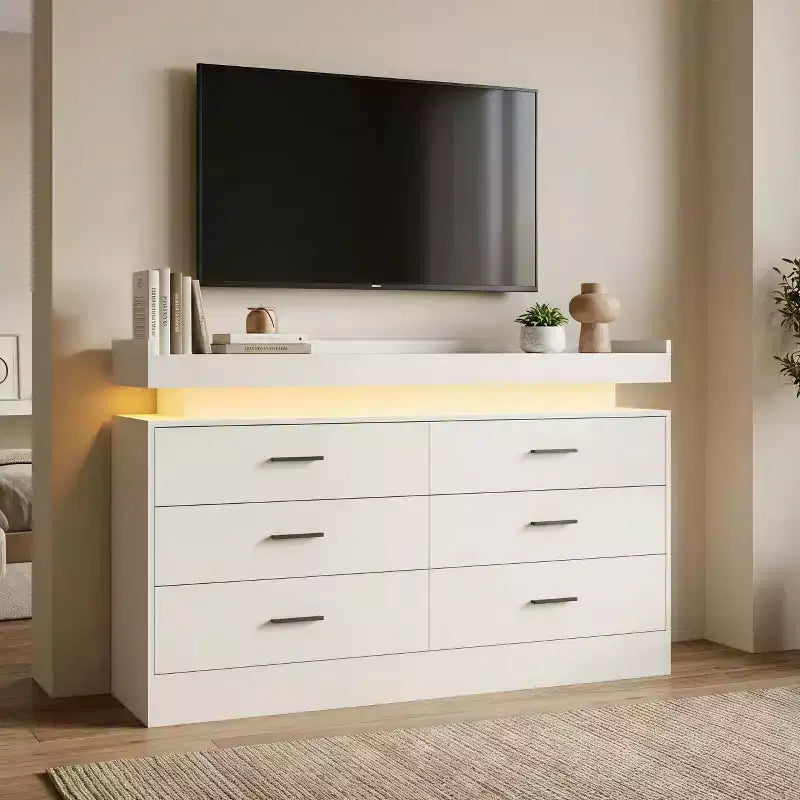 Commode moderne à 6 tiroirs, meuble TV et meuble de rangement avec plateau flottant, buffet neutre pour salon, chambre ou salle à manger