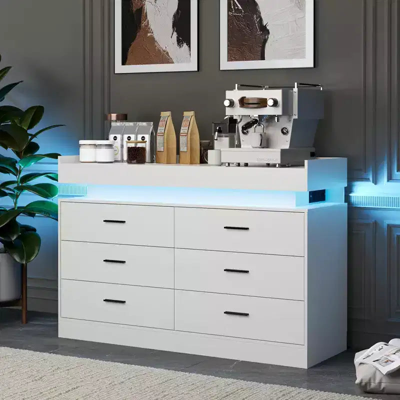 Commode moderne à 6 tiroirs, meuble TV et meuble de rangement avec plateau flottant, buffet neutre pour salon, chambre ou salle à manger