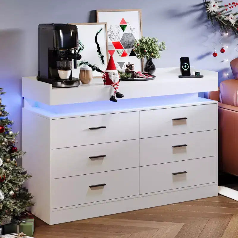 Commode moderne à 6 tiroirs, meuble TV et meuble de rangement avec plateau flottant, buffet neutre pour salon, chambre ou salle à manger