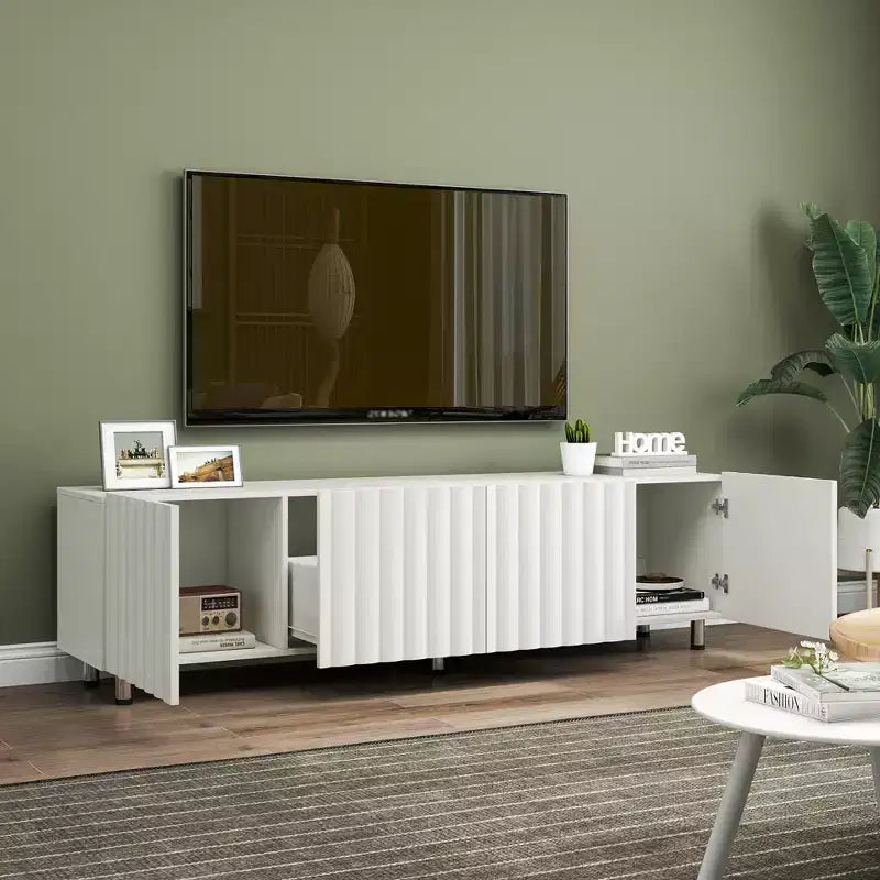 Meuble TV moderne JVNOXK de 70 pouces, adapté aux télévisions de 65 pouces et plus, avec espace de rangement et deux tiroirs, idéal pour les salons, blanc