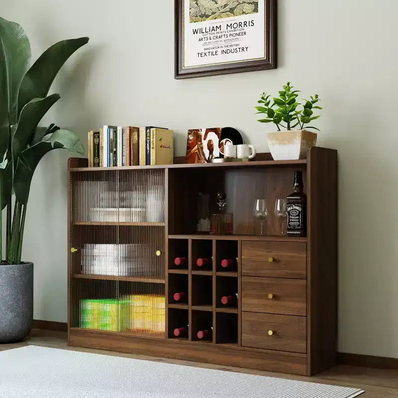 JVNOXK Buffet de 47 pouces avec deux portes coulissantes en verre rayé, meuble de rangement autonome sur comptoir, idéal pour le rangement des bouteilles de vin, couleur noyer