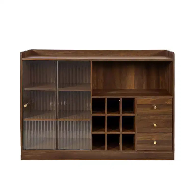 JVNOXK Buffet de 47 pouces avec deux portes coulissantes en verre rayé, meuble de rangement autonome sur comptoir, idéal pour le rangement des bouteilles de vin, couleur noyer