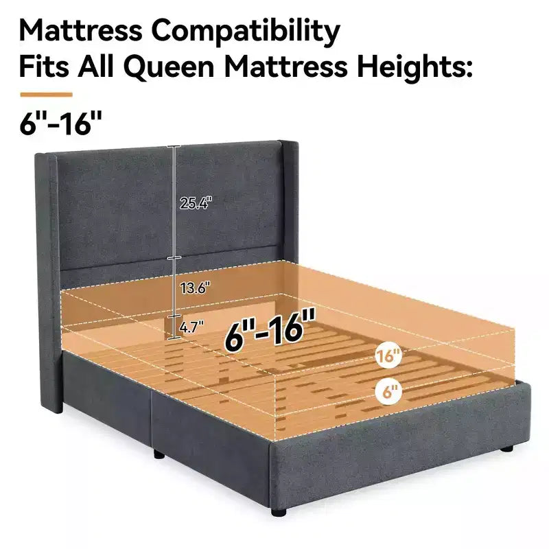 Lit plate-forme capitonné Dyonery Queen avec tête de lit à oreilles de 141 cm, support à lattes en bois silencieux, aucun sommier tapissier requis