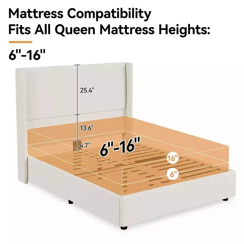 Lit plate-forme capitonné Dyonery Queen avec tête de lit à oreilles de 141 cm, support à lattes en bois silencieux, aucun sommier tapissier requis