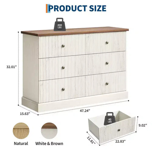 Commode à 6 tiroirs cannelés pour chambre à coucher, commode horizontale en bois avec poignées en métal, organiseur de rangement moderne pour chambre à coucher, salon