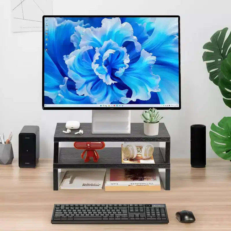 Rehausseur de moniteur à deux niveaux FurnitureR, support d'écran d'ordinateur à longueur réglable avec étagère de rangement, organisateur de bureau ergonomique pour ordinateur portable, PC