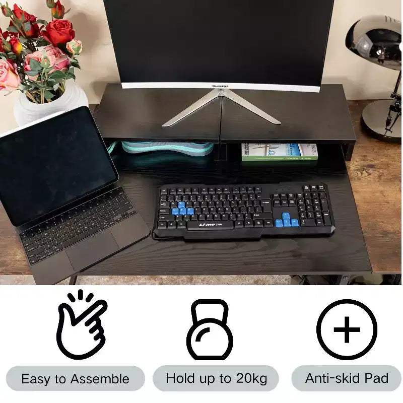 Rehausseur de moniteur à deux niveaux FurnitureR, support d'écran d'ordinateur à longueur réglable avec étagère de rangement, organisateur de bureau ergonomique pour ordinateur portable, PC