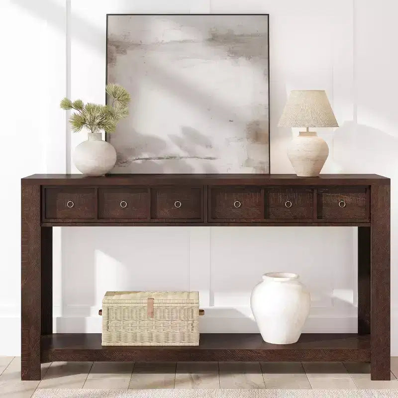Console de 150 cm de long, Table d'entrée en bois avec 2 tiroirs et étagère de rangement ouverte, Table de canapé, Table de foyer de ferme pour entrée