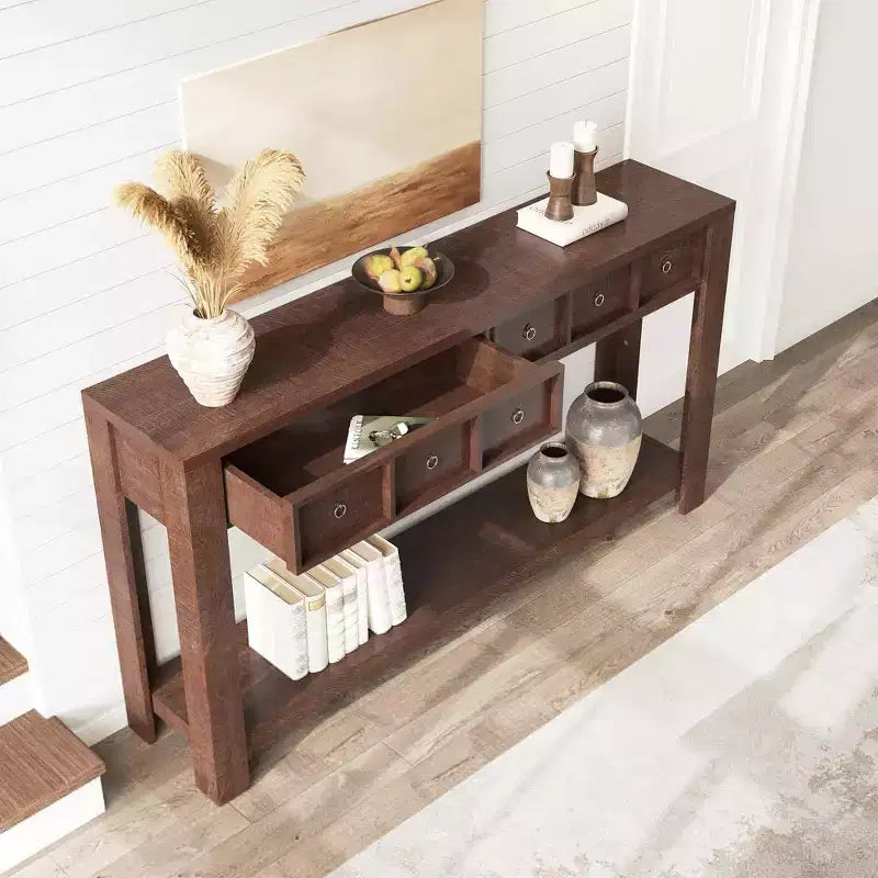 Console de 150 cm de long, Table d'entrée en bois avec 2 tiroirs et étagère de rangement ouverte, Table de canapé, Table de foyer de ferme pour entrée