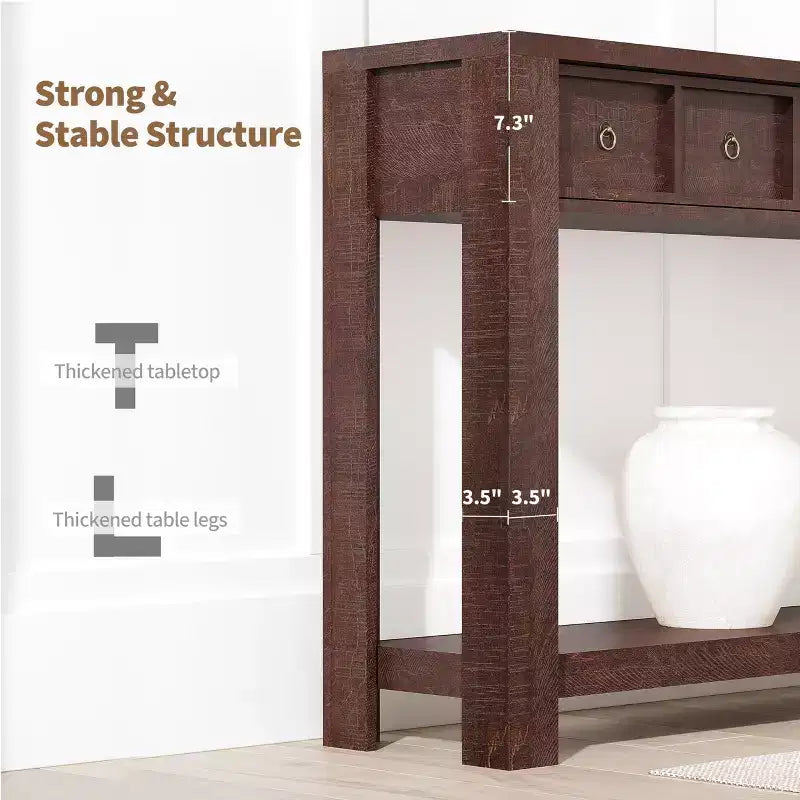 Console de 150 cm de long, Table d'entrée en bois avec 2 tiroirs et étagère de rangement ouverte, Table de canapé, Table de foyer de ferme pour entrée