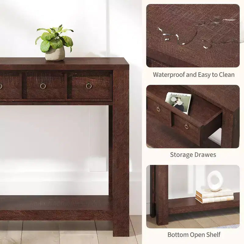 Console de 150 cm de long, Table d'entrée en bois avec 2 tiroirs et étagère de rangement ouverte, Table de canapé, Table de foyer de ferme pour entrée