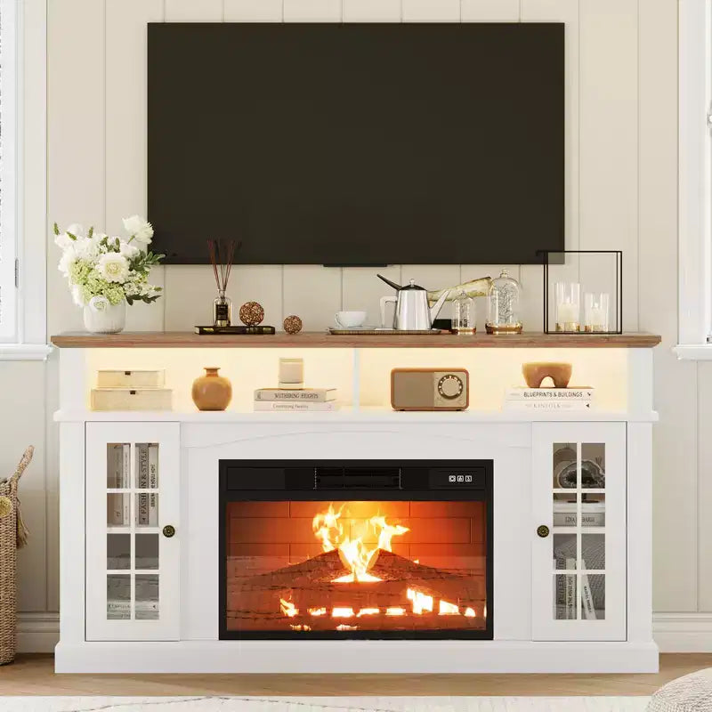 Meuble TV compatible 70 pouces, Console multimédia 58 pouces, Meuble TV moderne effet bois avec lumières LED, Rangement avec portes en verre et étagères réglables