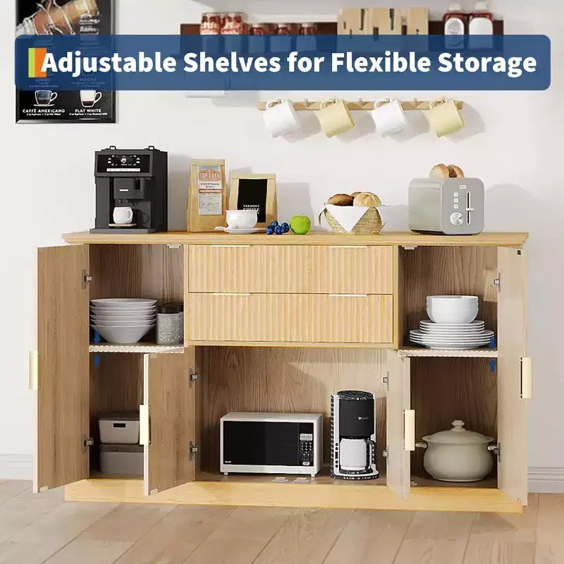 Buffet bahut de 58 po style ferme moderne avec poignées dorées, 4 portes, 2 tiroirs, étagère réglable – Bar à café, salle à manger design cannelé