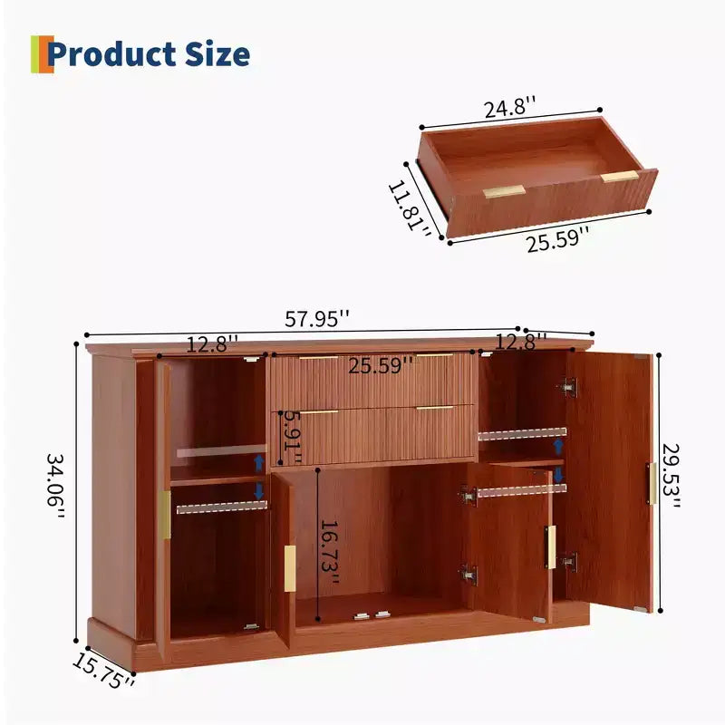Buffet bahut de 58 po style ferme moderne avec poignées dorées, 4 portes, 2 tiroirs, étagère réglable – Bar à café, salle à manger design cannelé