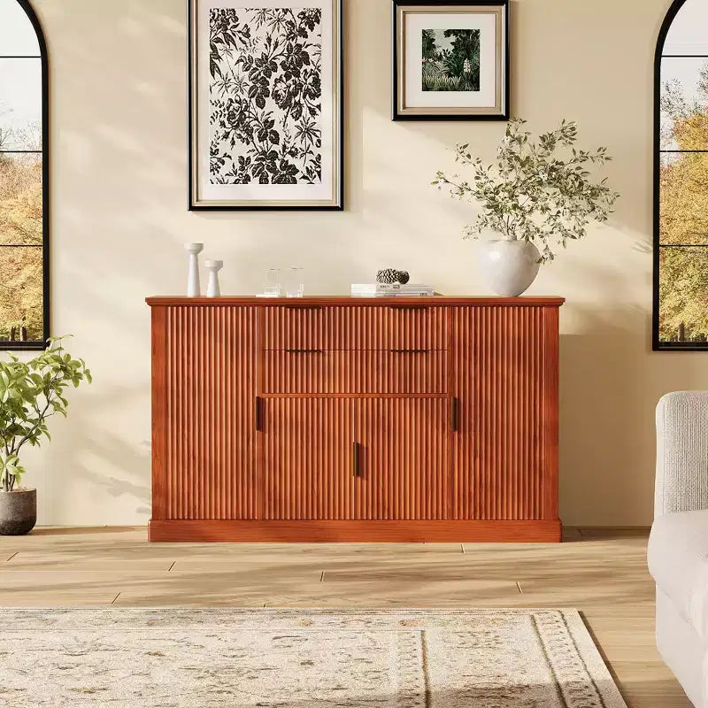 Buffet bahut de 58 po style ferme moderne avec poignées dorées, 4 portes, 2 tiroirs, étagère réglable – Bar à café, salle à manger design cannelé