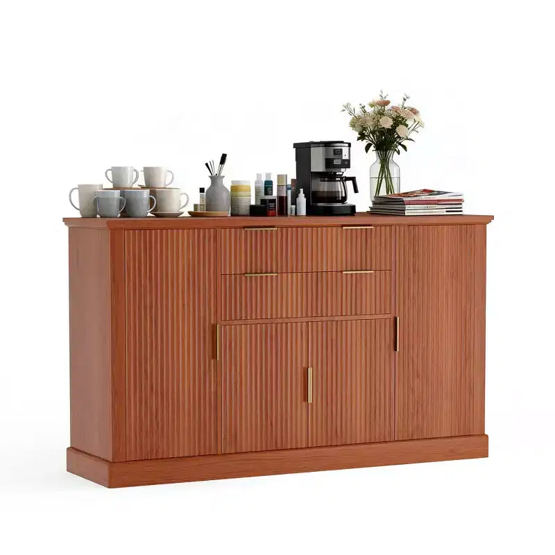 Buffet bahut de 58 po style ferme moderne avec poignées dorées, 4 portes, 2 tiroirs, étagère réglable – Bar à café, salle à manger design cannelé