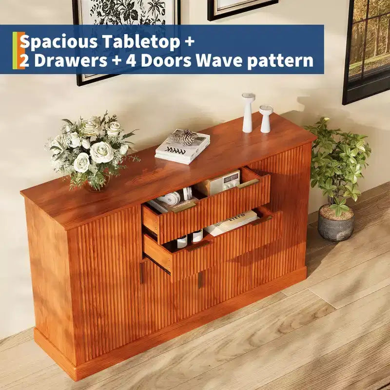 Buffet bahut de 58 po style ferme moderne avec poignées dorées, 4 portes, 2 tiroirs, étagère réglable – Bar à café, salle à manger design cannelé