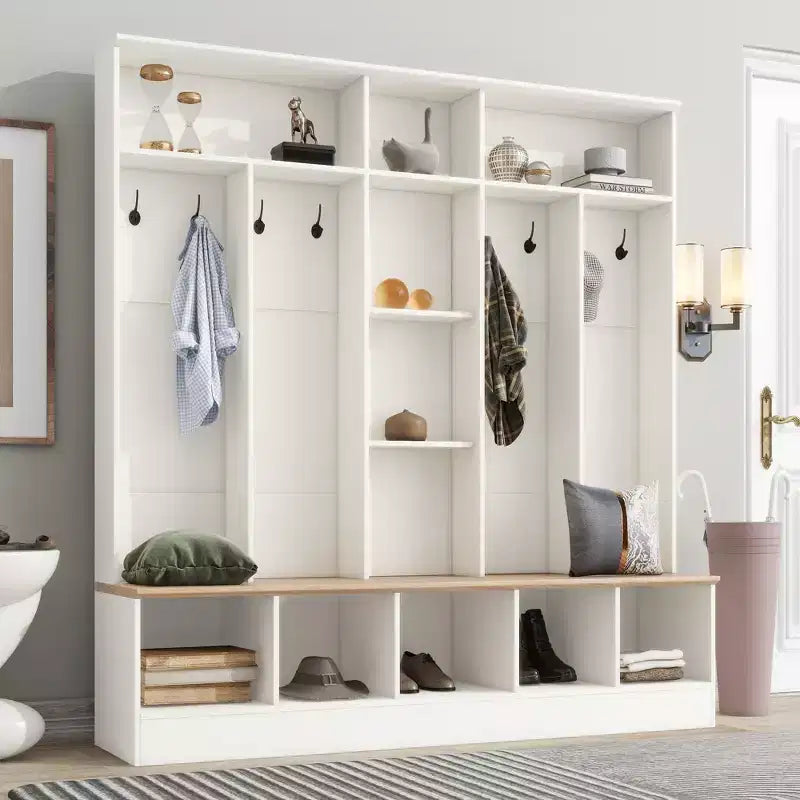 GDFStudio Jessica Arbre d'entrée multifonctionnel et large avec banc de rangement et armoire à chaussures