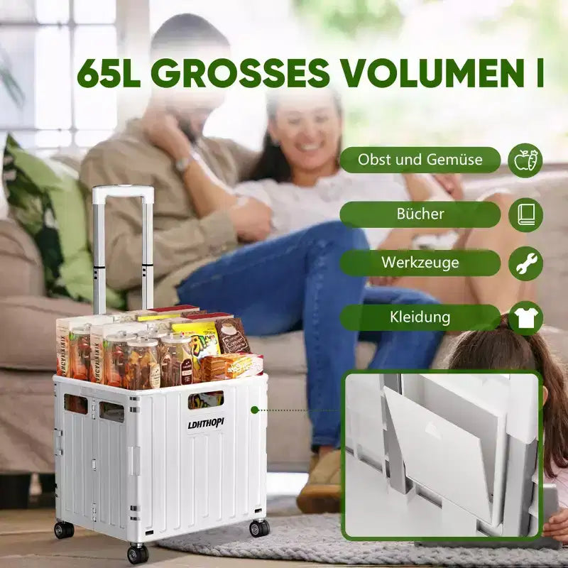 Chariot de courses utilitaire pliable blanc de 65 L avec poignée réglable et roues pivotantes, chariot roulant portable pour l'épicerie, la lessive et les voyages