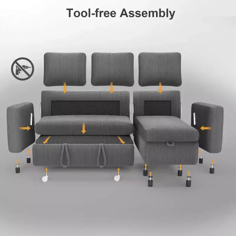 Canapé convertible Dyonery - Canapé-lit gigogne 2 en 1 avec chaise de rangement pour salon, canapé sectionnel en velours côtelé avec ports USB, assemblage sans outils