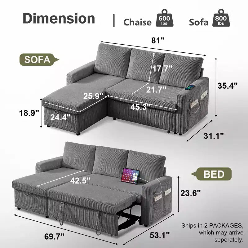 Canapé convertible Dyonery - Canapé-lit gigogne 2 en 1 avec chaise de rangement pour salon, canapé sectionnel en velours côtelé avec ports USB, assemblage sans outils