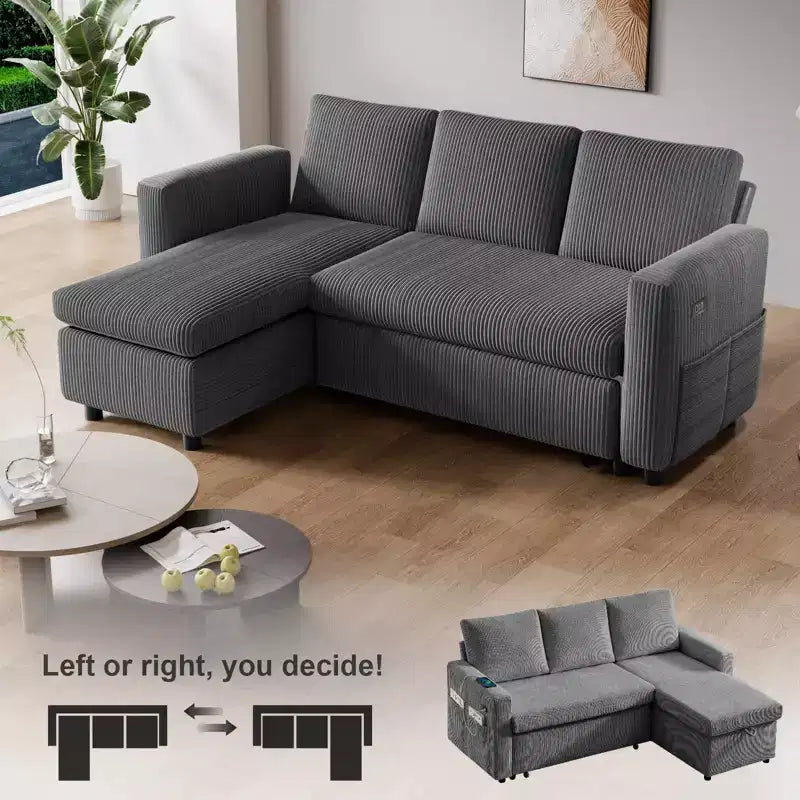 Canapé convertible Dyonery - Canapé-lit gigogne 2 en 1 avec chaise de rangement pour salon, canapé sectionnel en velours côtelé avec ports USB, assemblage sans outils