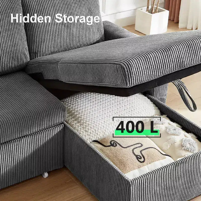 Canapé convertible Dyonery - Canapé-lit gigogne 2 en 1 avec chaise de rangement pour salon, canapé sectionnel en velours côtelé avec ports USB, assemblage sans outils