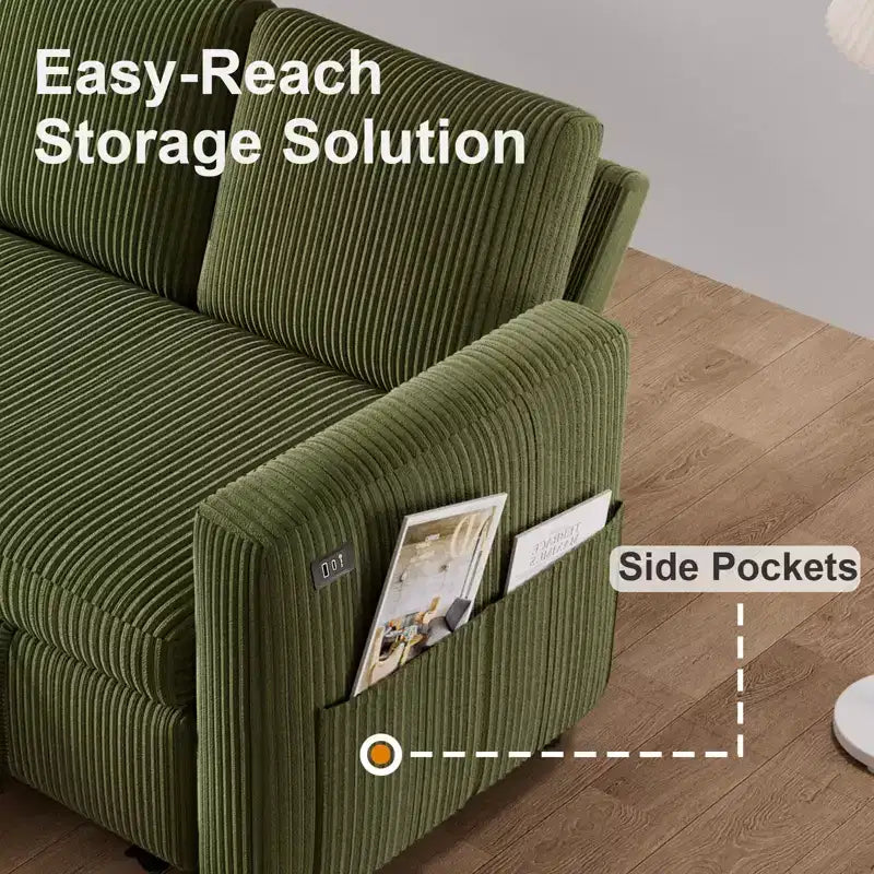Canapé convertible Dyonery - Canapé-lit gigogne 2 en 1 avec chaise de rangement pour salon, canapé sectionnel en velours côtelé avec ports USB, assemblage sans outils