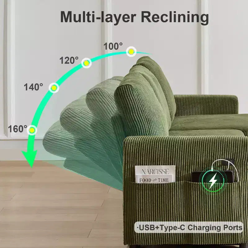 Canapé convertible Dyonery - Canapé-lit gigogne 2 en 1 avec chaise de rangement pour salon, canapé sectionnel en velours côtelé avec ports USB, assemblage sans outils