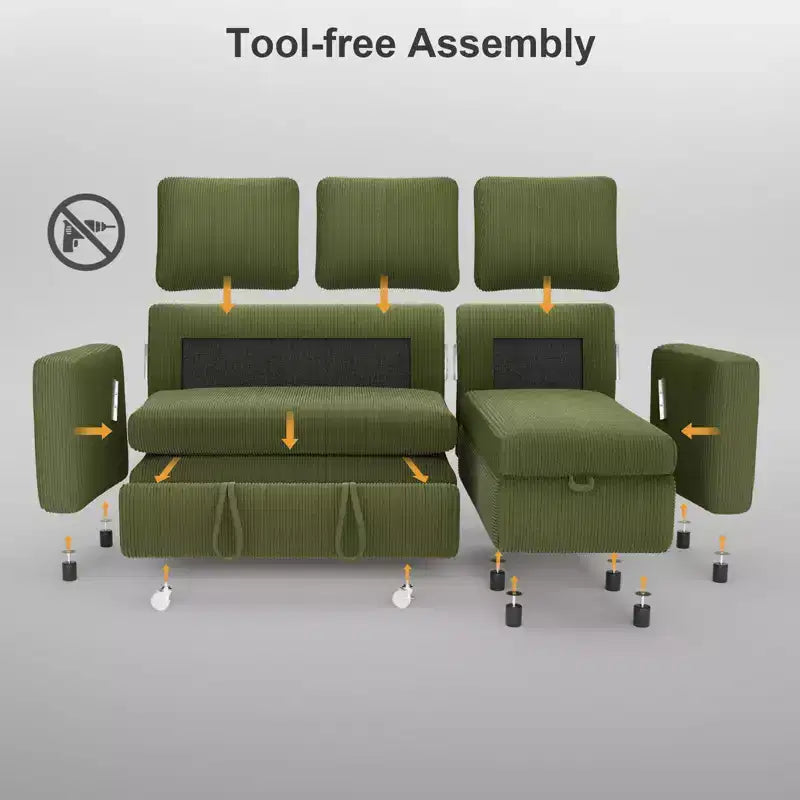 Canapé convertible Dyonery - Canapé-lit gigogne 2 en 1 avec chaise de rangement pour salon, canapé sectionnel en velours côtelé avec ports USB, assemblage sans outils