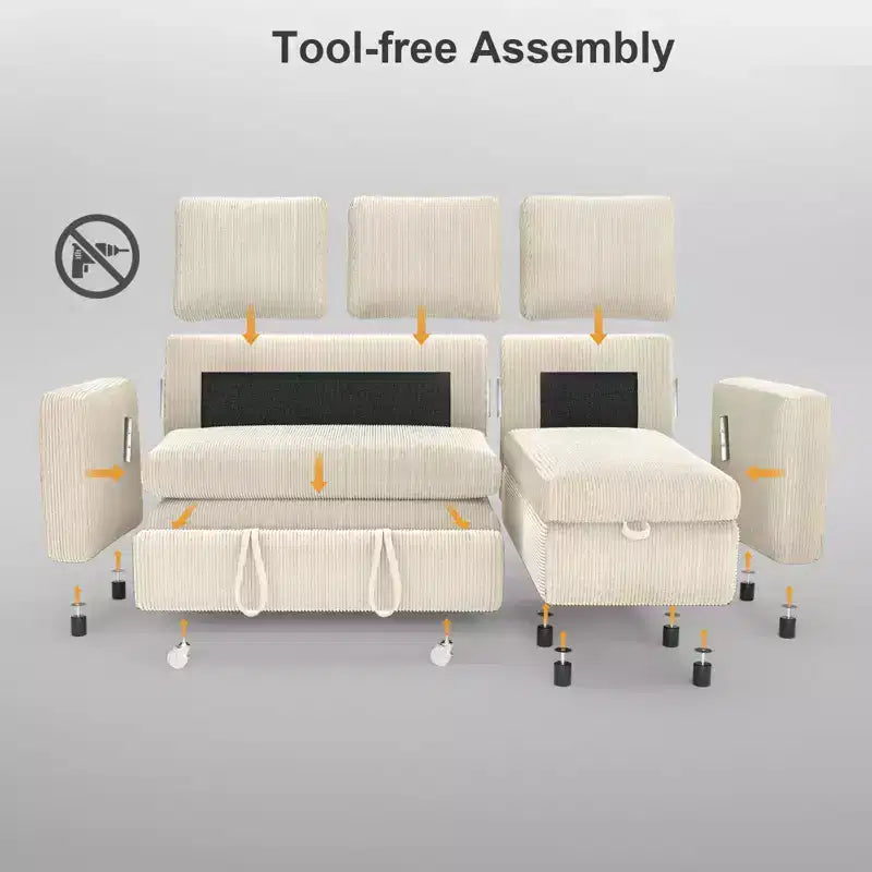 Canapé convertible Dyonery - Canapé-lit gigogne 2 en 1 avec chaise de rangement pour salon, canapé sectionnel en velours côtelé avec ports USB, assemblage sans outils