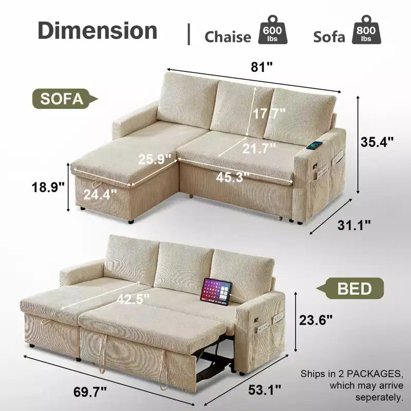 Canapé convertible Dyonery - Canapé-lit gigogne 2 en 1 avec chaise de rangement pour salon, canapé sectionnel en velours côtelé avec ports USB, assemblage sans outils