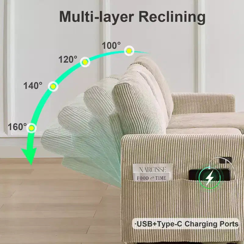 Canapé convertible Dyonery - Canapé-lit gigogne 2 en 1 avec chaise de rangement pour salon, canapé sectionnel en velours côtelé avec ports USB, assemblage sans outils