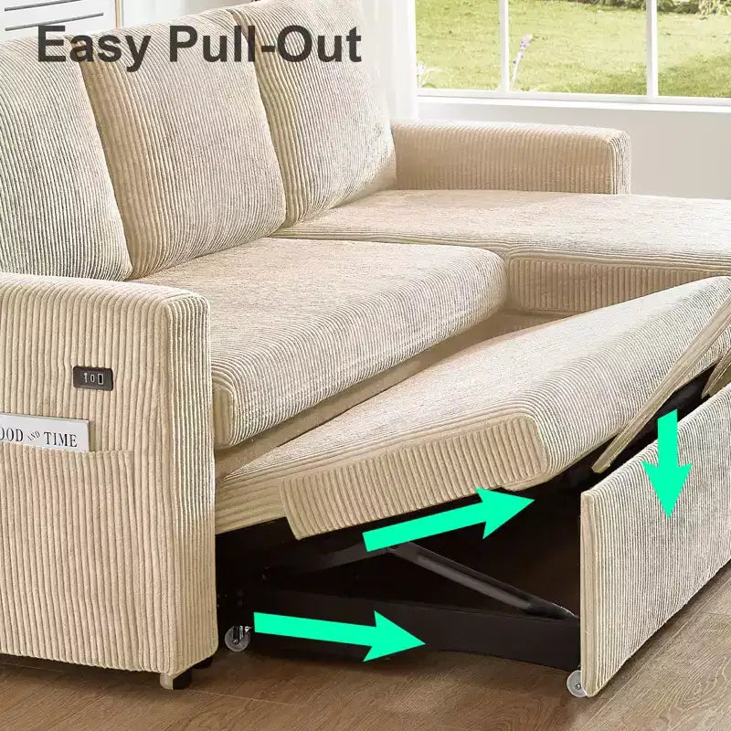 Canapé convertible Dyonery - Canapé-lit gigogne 2 en 1 avec chaise de rangement pour salon, canapé sectionnel en velours côtelé avec ports USB, assemblage sans outils
