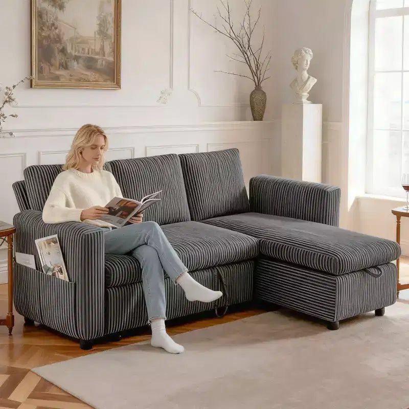 Canapé convertible Dyonery - Canapé-lit gigogne 2 en 1 avec chaise de rangement pour salon, canapé sectionnel en velours côtelé avec ports USB, assemblage sans outils