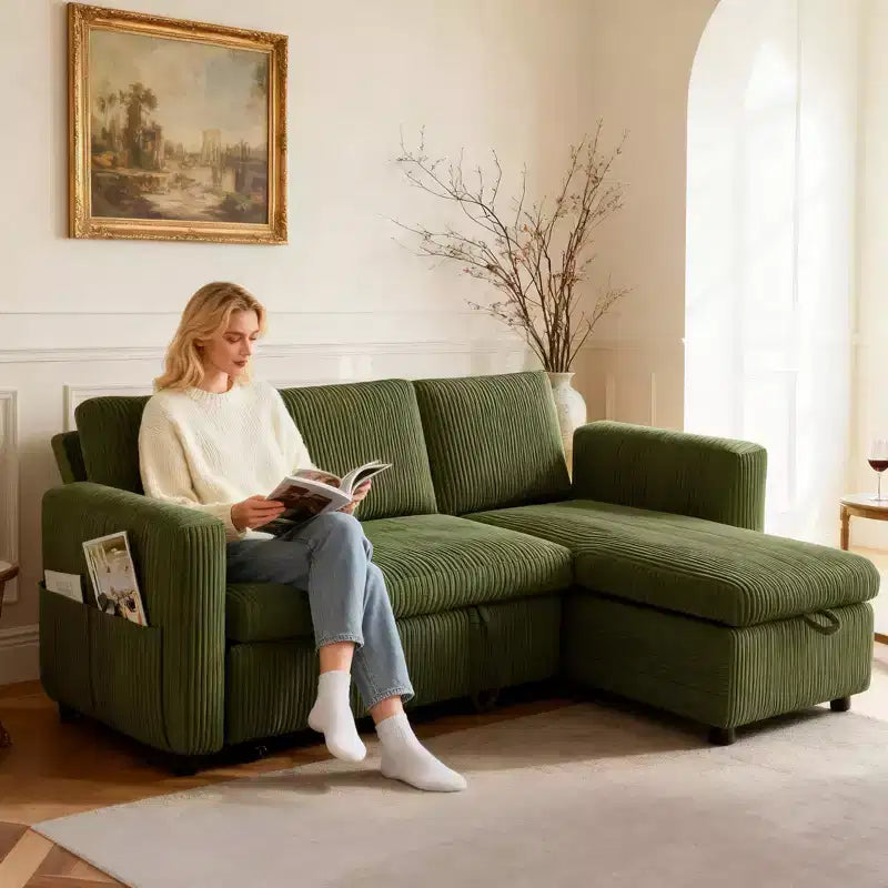 Canapé convertible Dyonery - Canapé-lit gigogne 2 en 1 avec chaise de rangement pour salon, canapé sectionnel en velours côtelé avec ports USB, assemblage sans outils