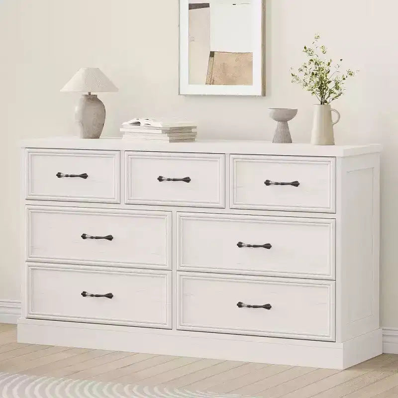 Commode de Ferme à 7 Tiroirs, 140 cm de Large, Rangement à 7 Tiroirs avec Base Robuste, Meuble TV en Bois Blanc pour Chambre, Salon, Chambre d'Enfant