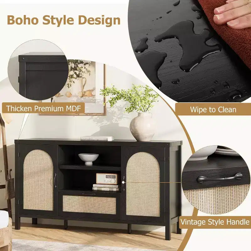 Buffet, Bahut de Rangement en Rotin de 120 cm avec Étagères Réglables et Tiroir, Style Ferme Bohème