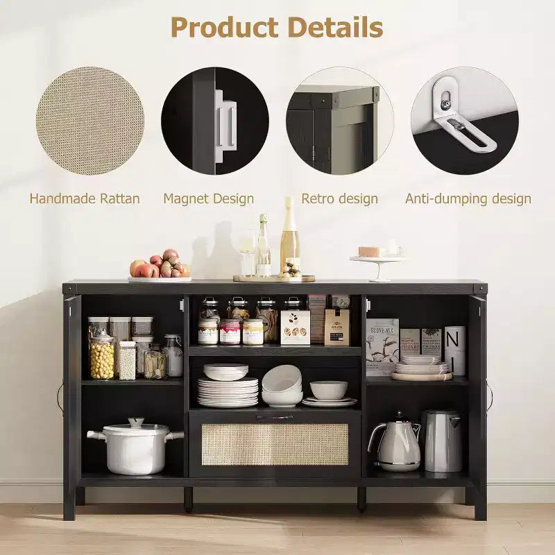 Buffet, Bahut de Rangement en Rotin de 120 cm avec Étagères Réglables et Tiroir, Style Ferme Bohème