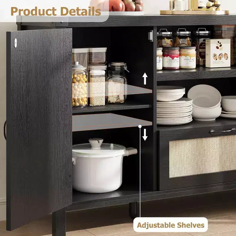 Buffet, Bahut de Rangement en Rotin de 120 cm avec Étagères Réglables et Tiroir, Style Ferme Bohème