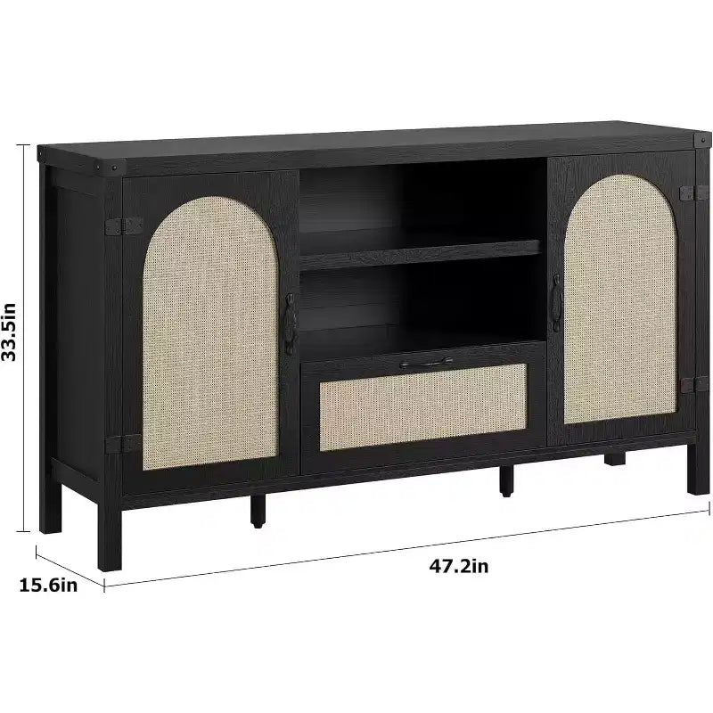 Buffet, Bahut de Rangement en Rotin de 120 cm avec Étagères Réglables et Tiroir, Style Ferme Bohème