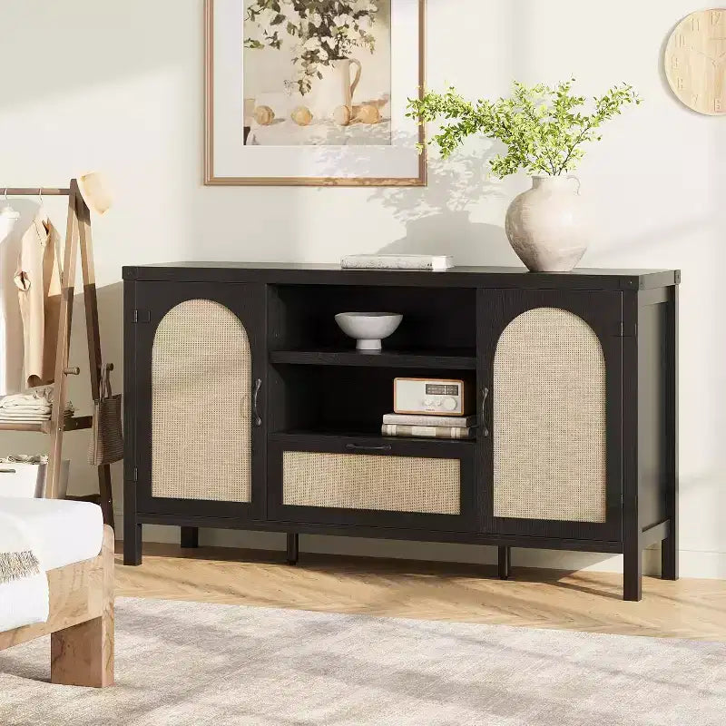 Buffet, Bahut de Rangement en Rotin de 120 cm avec Étagères Réglables et Tiroir, Style Ferme Bohème