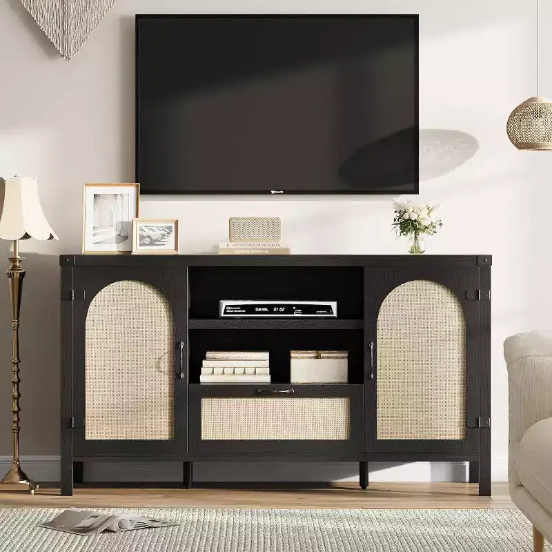 Buffet, Bahut de Rangement en Rotin de 120 cm avec Étagères Réglables et Tiroir, Style Ferme Bohème