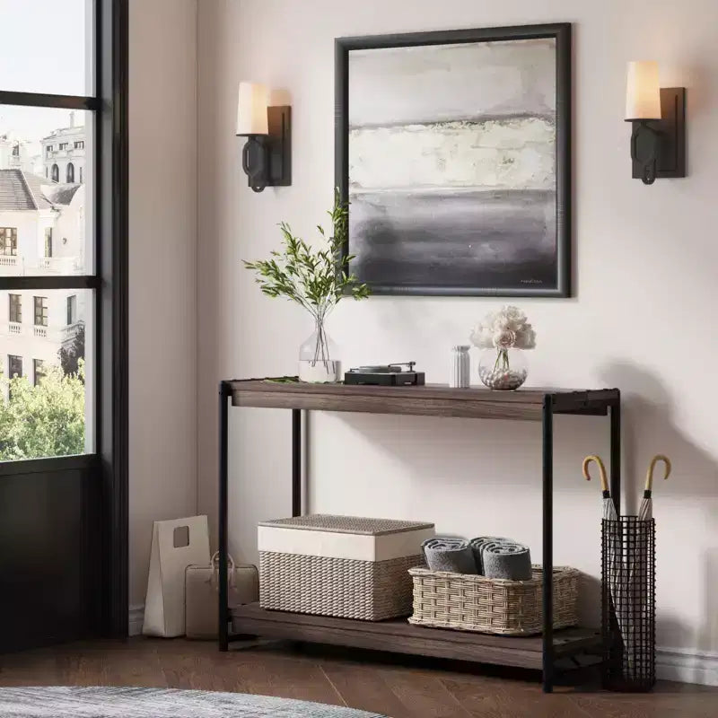 Console de table de ferme à 2 niveaux avec étagères à lattes en bois, table de canapé d'entrée à cadre en métal rustique pour salon, couloir, foyer