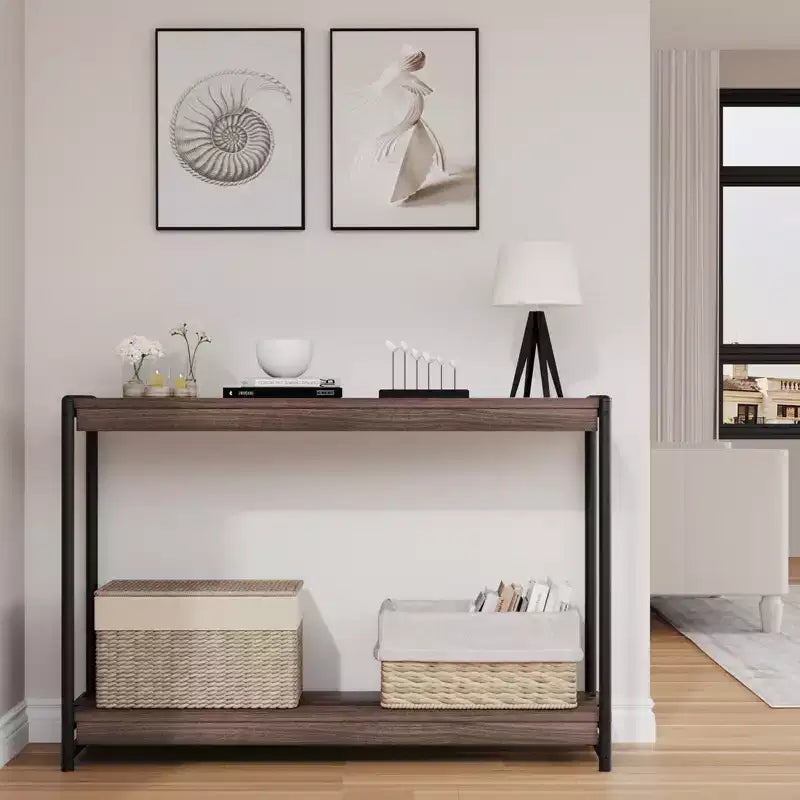Console de table de ferme à 2 niveaux avec étagères à lattes en bois, table de canapé d'entrée à cadre en métal rustique pour salon, couloir, foyer